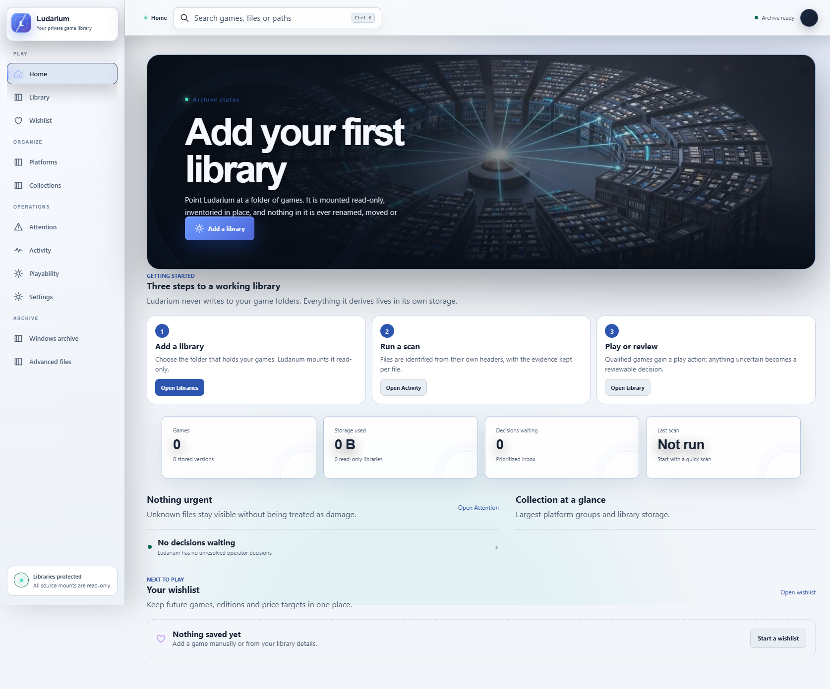 Ludarium home screen with an empty, privacy-safe example archive