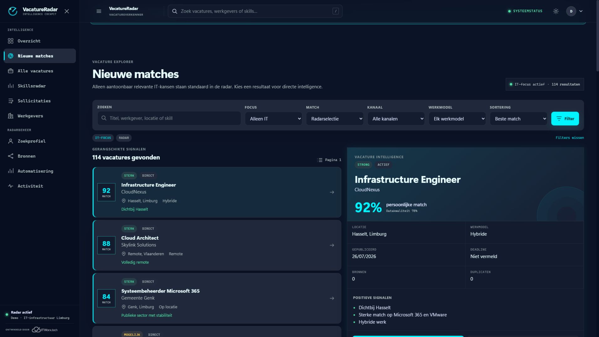 Vacatureverkenner met gerangschikte matches en directe intelligence